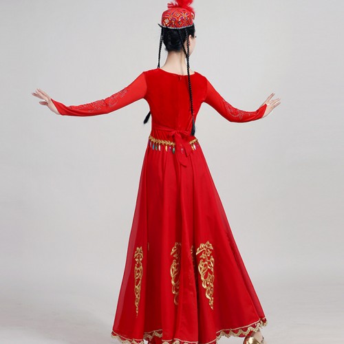 Women chinese folk dance dress red color Xinjiang dance performance costume Uygur minority ethnic style opening dance big swing skirt for female